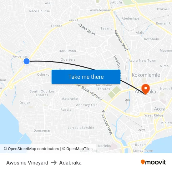 Awoshie Vineyard to Adabraka map