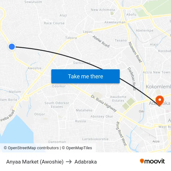 Anyaa Market (Awoshie) to Adabraka map
