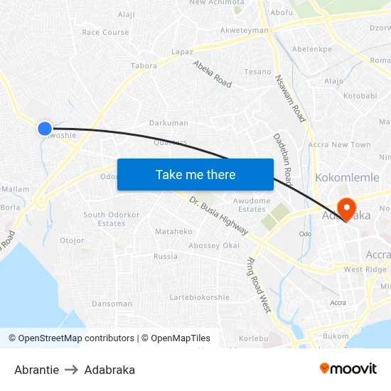 Abrantie to Adabraka map