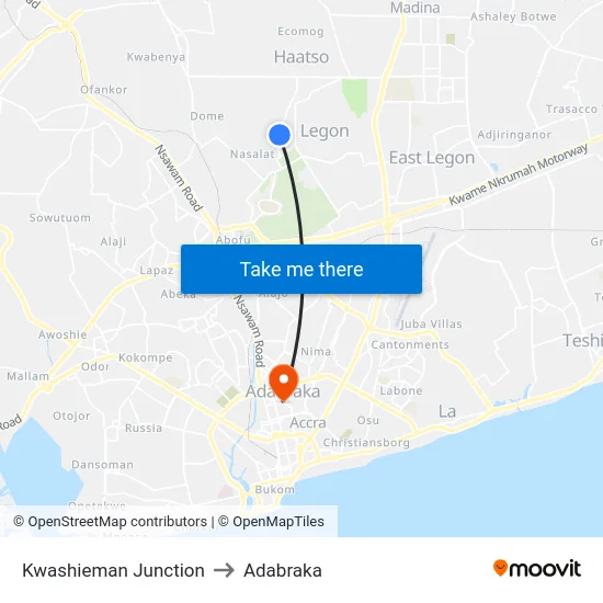 Kwashieman Junction to Adabraka map