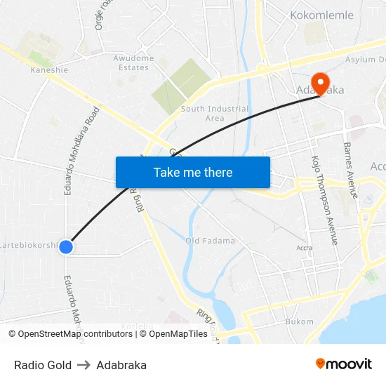 Radio Gold to Adabraka map