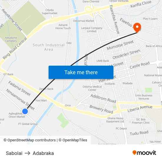Sabolai to Adabraka map