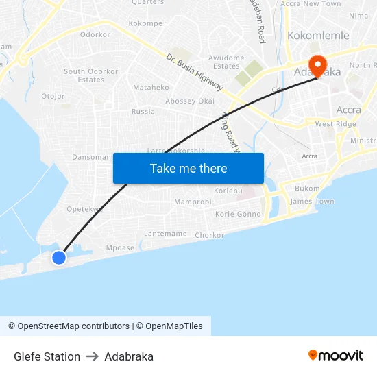Glefe Station to Adabraka map