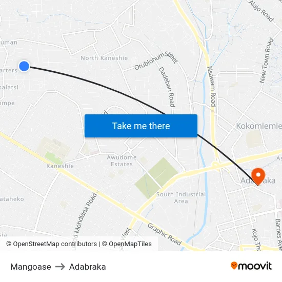 Mangoase to Adabraka map