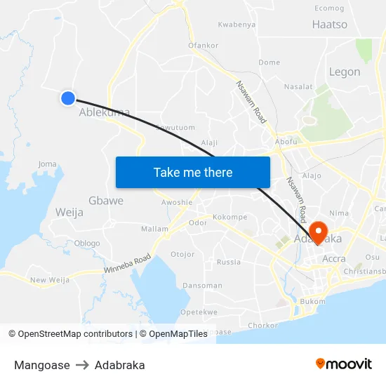 Mangoase to Adabraka map