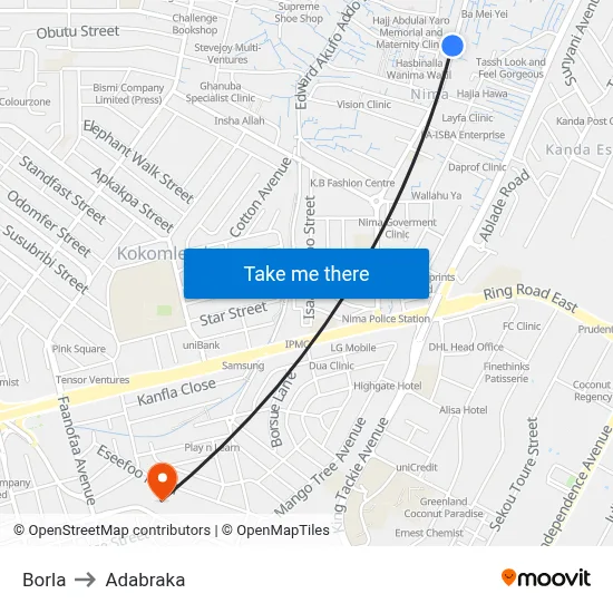 Borla to Adabraka map