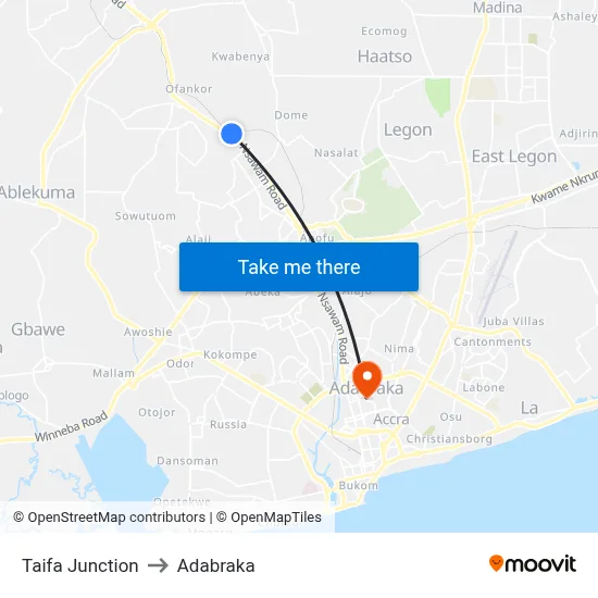 Taifa Junction to Adabraka map