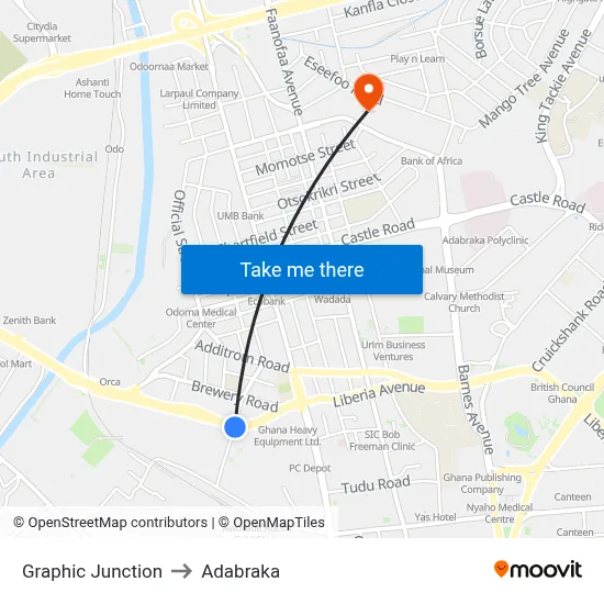 Graphic Junction to Adabraka map