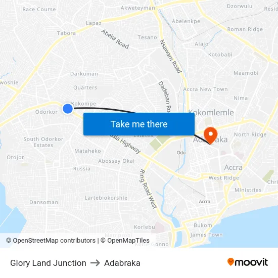 Glory Land Junction to Adabraka map