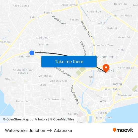 Waterworks Junction to Adabraka map