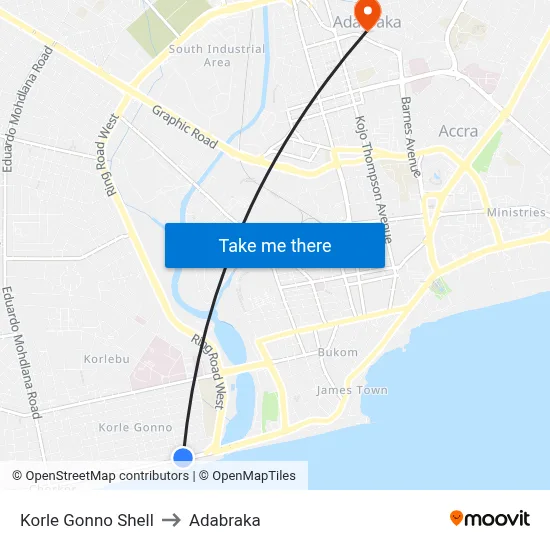 Korle Gonno Shell to Adabraka map