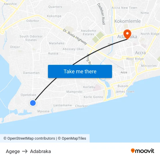 Agege to Adabraka map