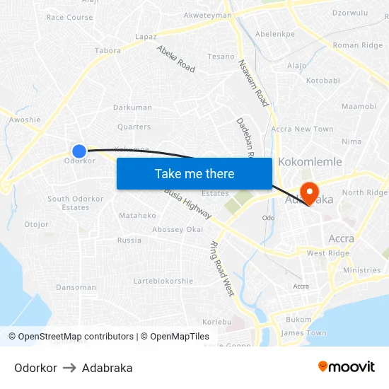 Odorkor to Adabraka map