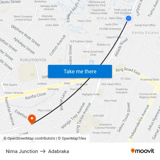 Nima Junction to Adabraka map