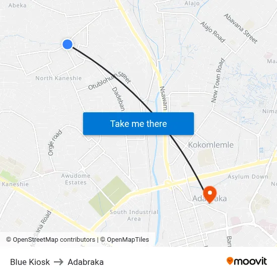 Blue Kiosk to Adabraka map