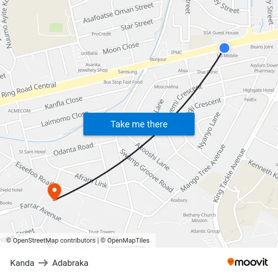 Kanda to Adabraka map