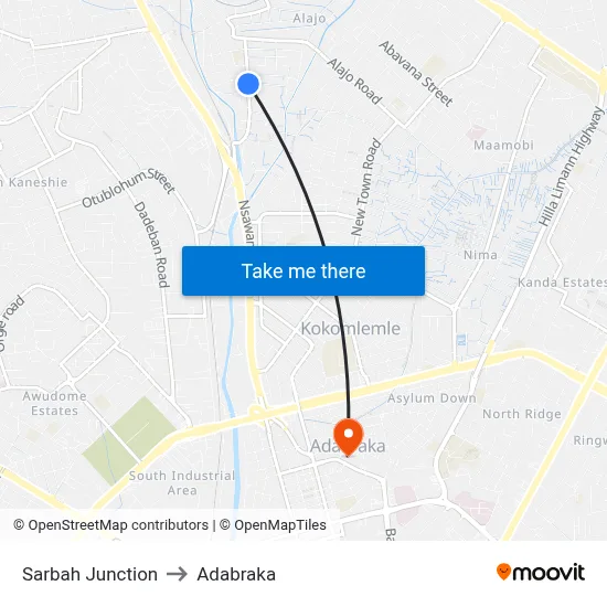 Sarbah Junction to Adabraka map