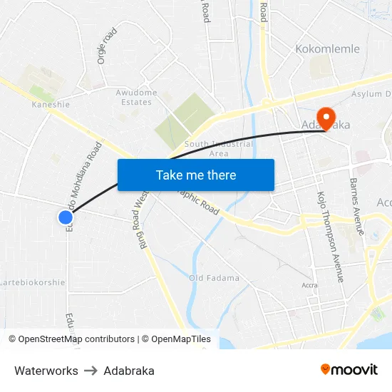 Waterworks to Adabraka map