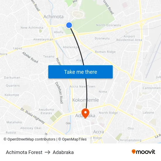 Achimota Forest to Adabraka map