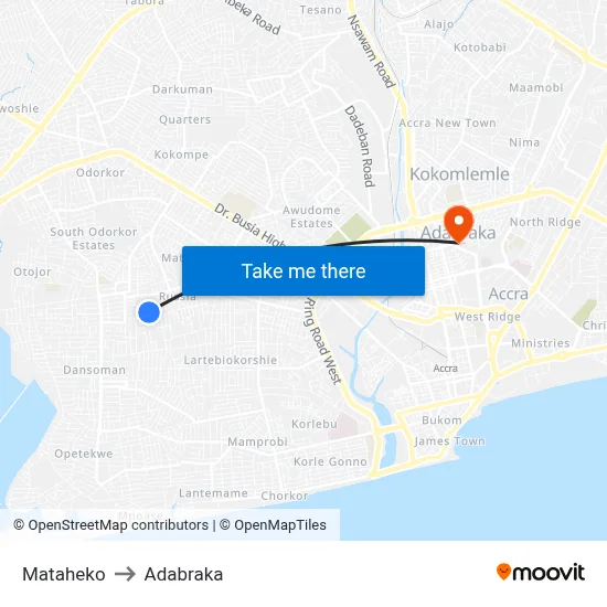Mataheko to Adabraka map