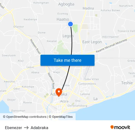Ebenezer to Adabraka map