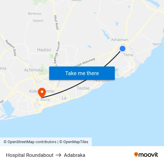 Hospital Roundabout to Adabraka map