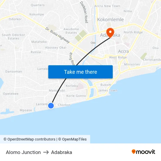 Alomo Junction to Adabraka map