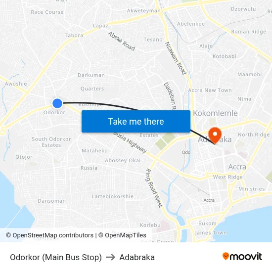 Odorkor (Main Bus Stop) to Adabraka map