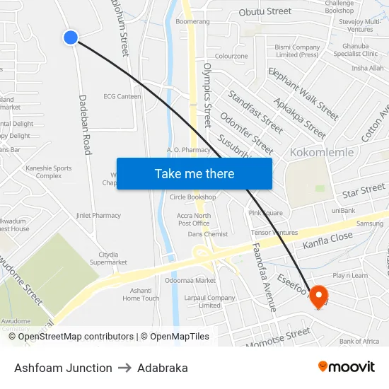 Ashfoam Junction to Adabraka map
