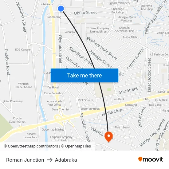 Roman Junction to Adabraka map