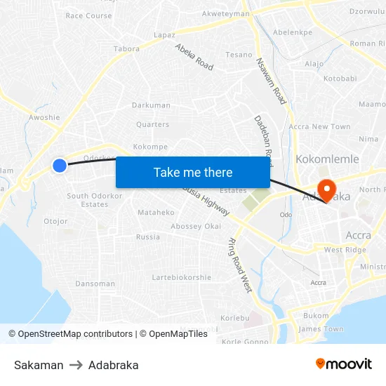 Sakaman to Adabraka map