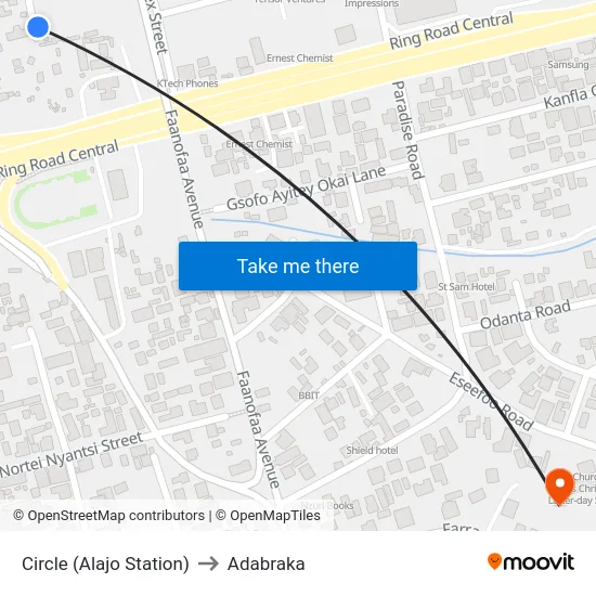 Circle (Alajo Station) to Adabraka map