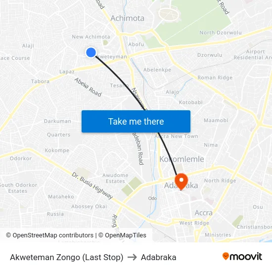 Akweteman Zongo (Last Stop) to Adabraka map
