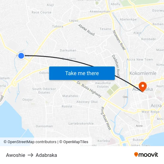 Awoshie to Adabraka map