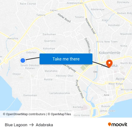 Blue Lagoon to Adabraka map