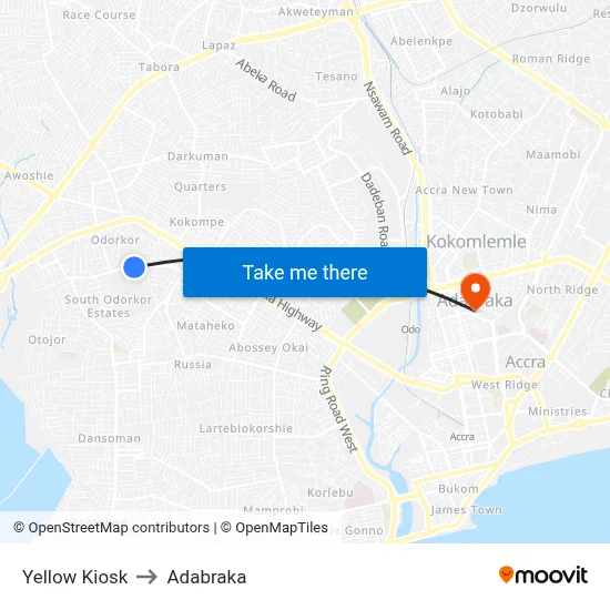 Yellow Kiosk to Adabraka map