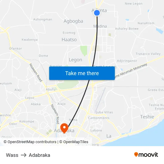 Wass to Adabraka map