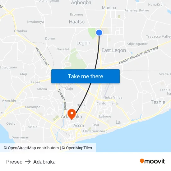 Presec to Adabraka map