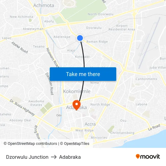Dzorwulu Junction to Adabraka map