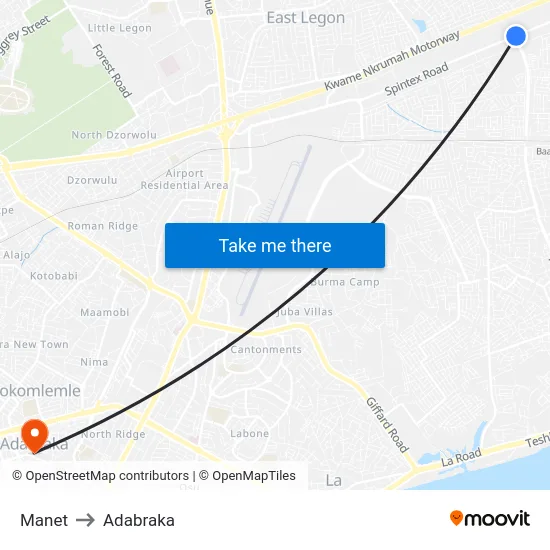 Manet to Adabraka map