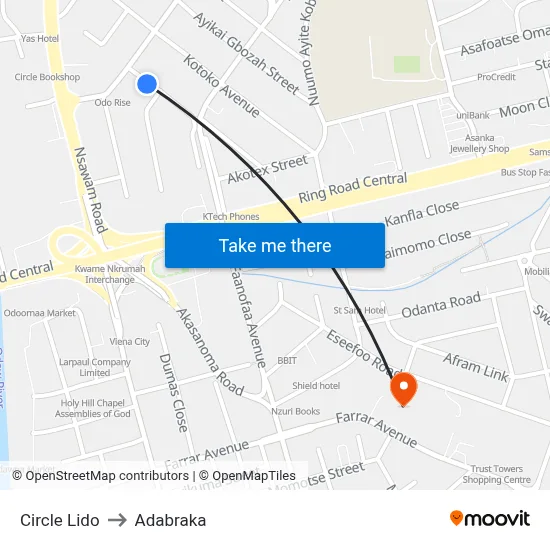 Circle Lido to Adabraka map