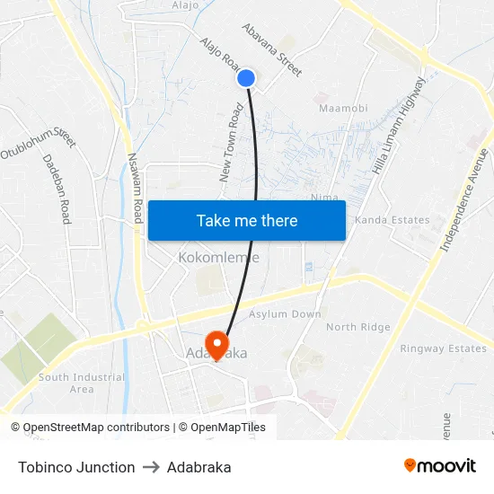 Tobinco Junction to Adabraka map