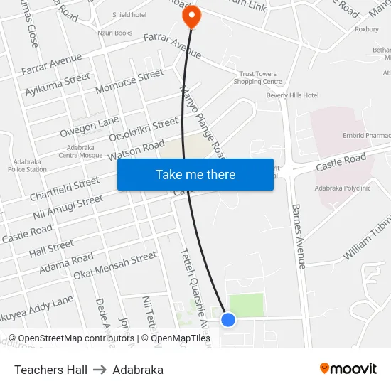 Teachers Hall to Adabraka map