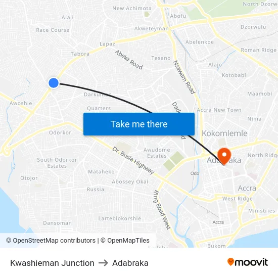 Kwashieman Junction to Adabraka map