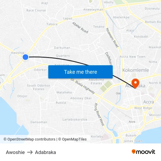 Awoshie to Adabraka map