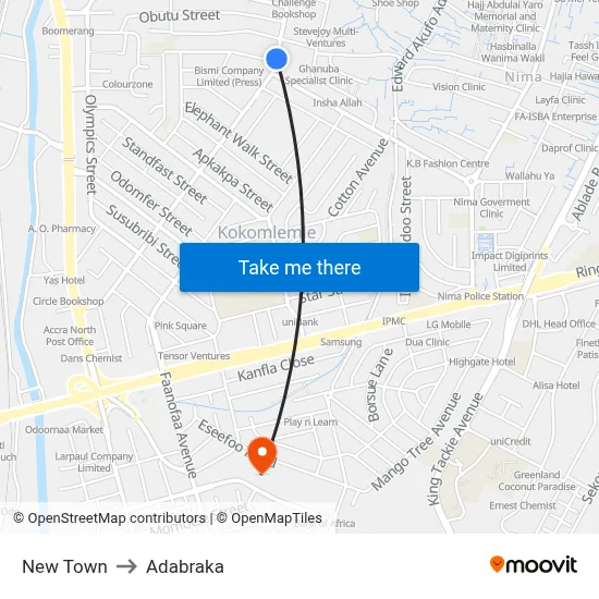 New Town to Adabraka map