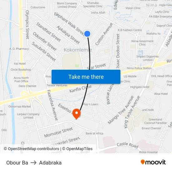 Obour Ba to Adabraka map