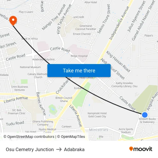 Osu Cemetry Junction to Adabraka map