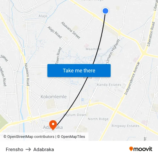 Frensho to Adabraka map