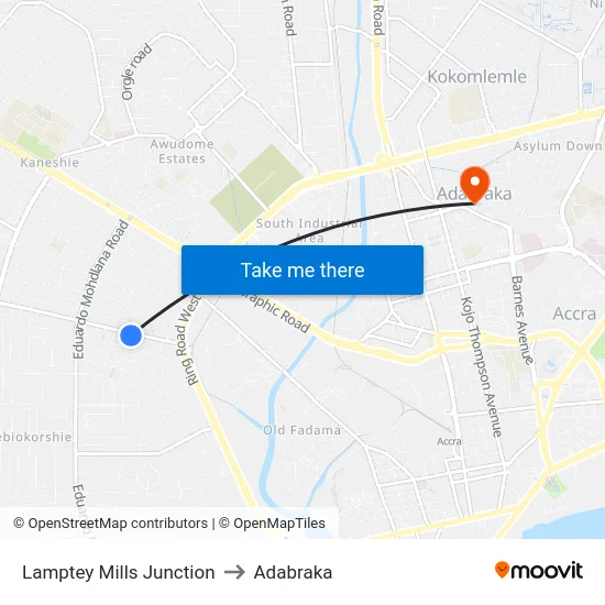 Lamptey Mills Junction to Adabraka map